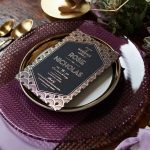 black, gold and purple wedding invitation